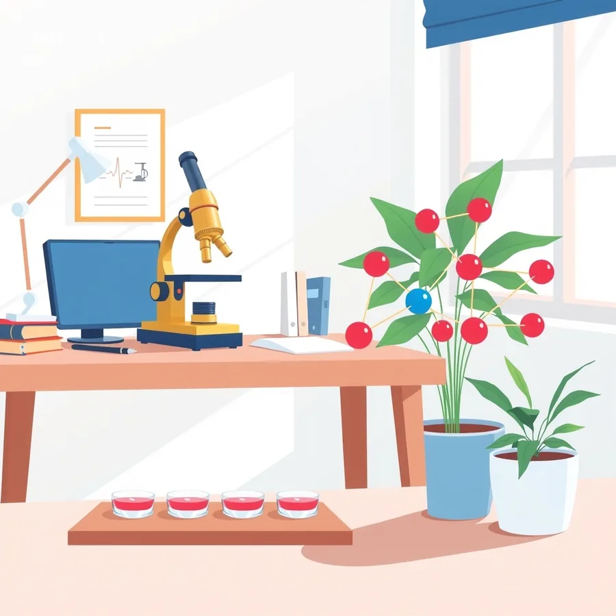 A yellow microscope, a blue monitor and a desk lamp on a wooden desk with books and a framed line drawing on the wall, a potted plant whose red and blue spheres are joined by slim rods like a molecular model, and four small round dishes of red liquid on a board below