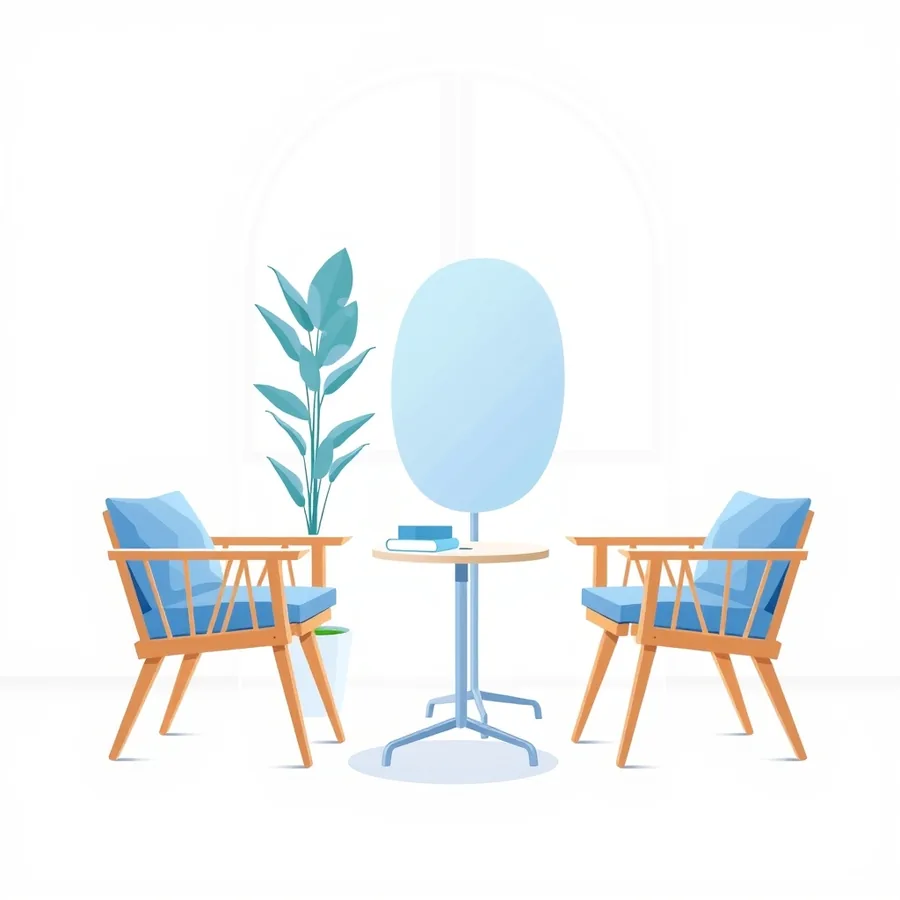 Two wooden armchairs with blue cushions facing each other in a bright white room, a smooth pale blue oval panel on a slim metal stand between them, a small round table holding two blank books, a leafy plant in a white pot and an arched window outline behind