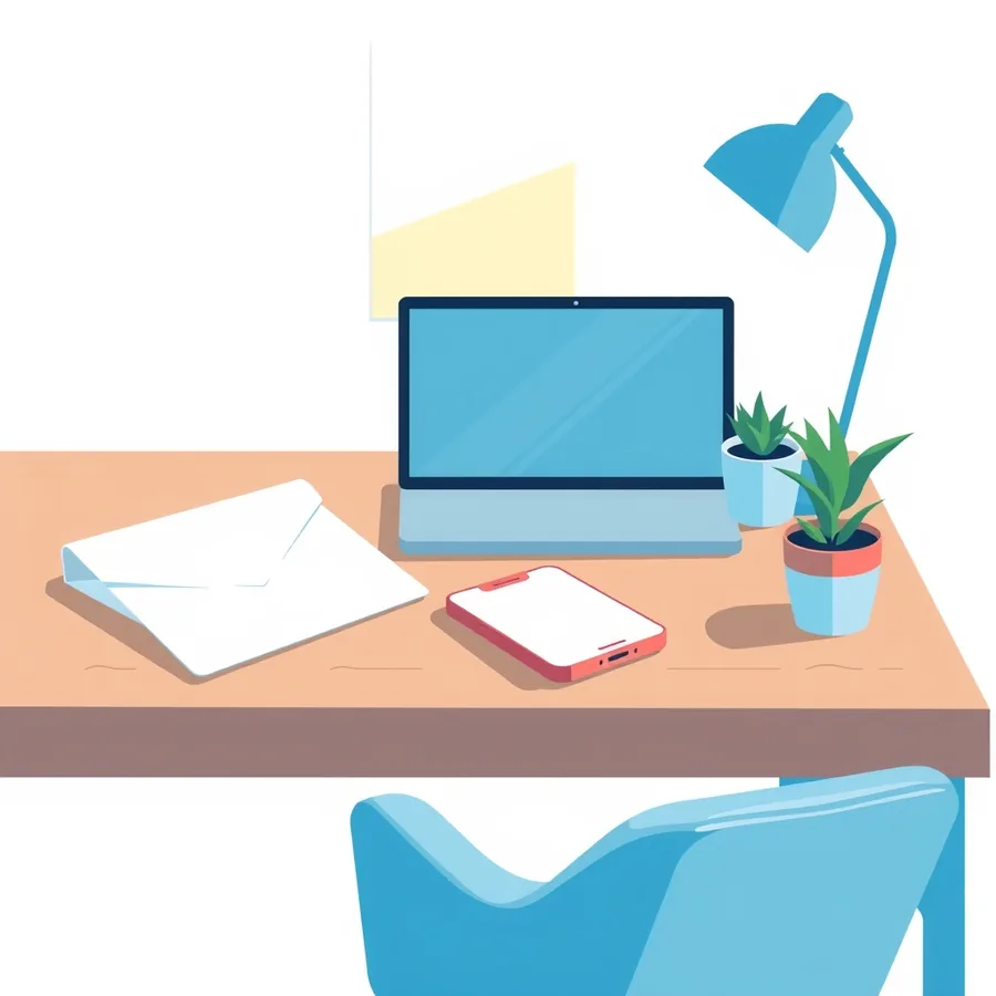 Illustration of a wooden desk with an open laptop showing a blank screen, a red smartphone with a blank screen, an open paper envelope, a desk lamp, two potted plants and a blue chair