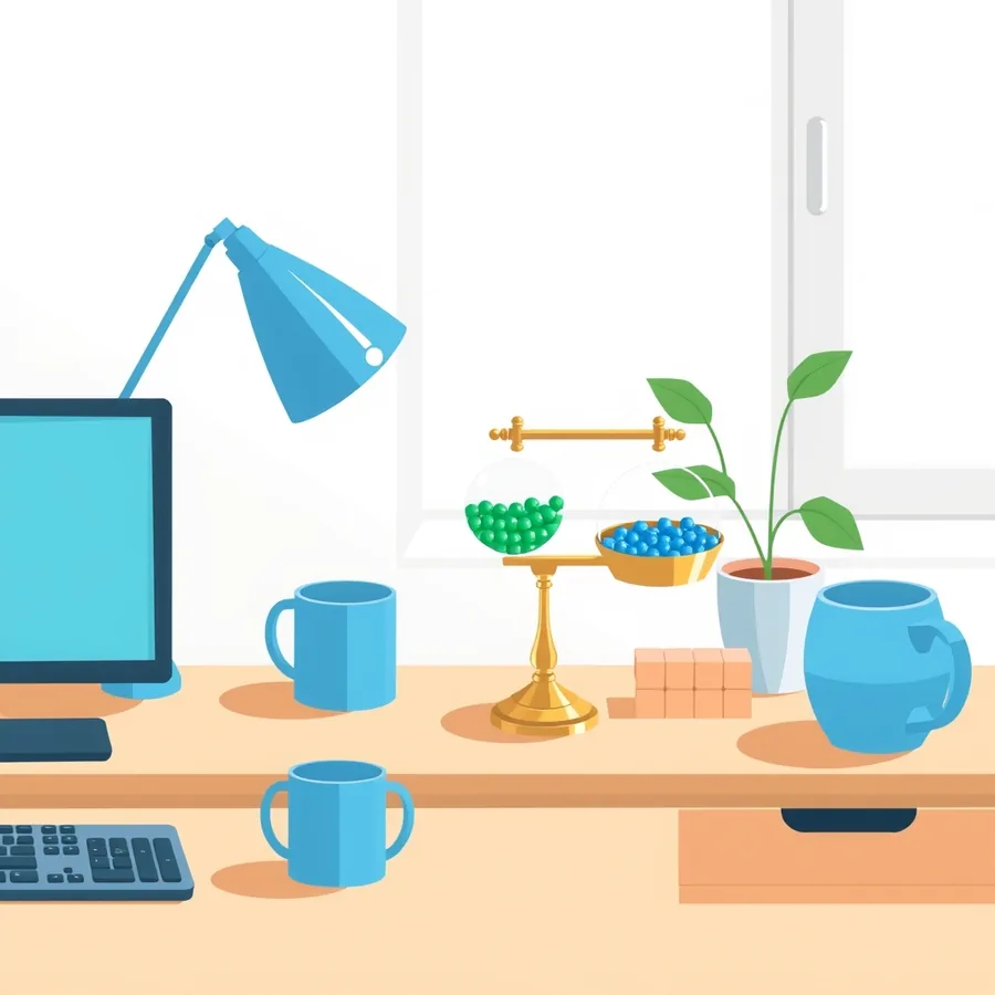 A gold balance scale on a wooden desk holding green beads in one bowl and blue beads in the other, beside a stack of small wooden blocks, a potted plant, a desk lamp, blue mugs and a blank monitor