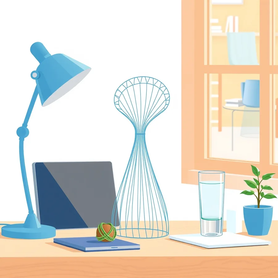 A blue wireframe model of a curved surface of revolution standing on a wooden desk beside a desk lamp, a propped-up blank laptop screen, a small ball of green string on a notebook, a glass of water and a potted plant by a window