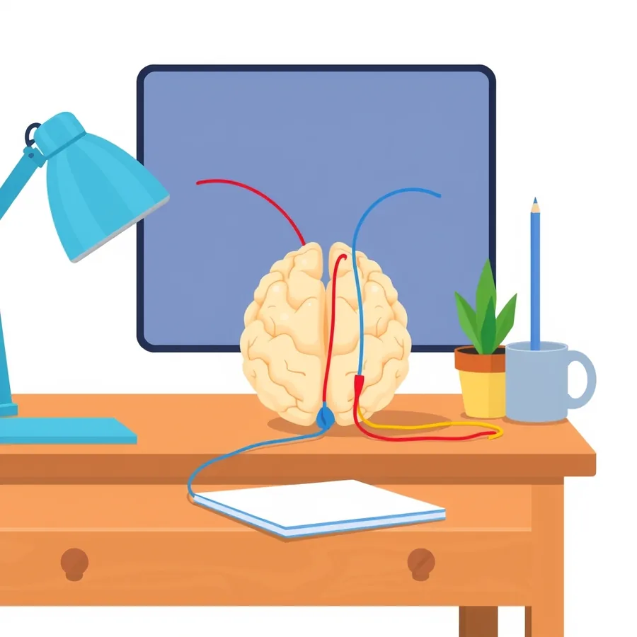 A cream anatomical model of a human brain on a wooden desk with red, blue and yellow cords running out of it across the desk, beside a blue desk lamp, a potted plant, a mug holding a pencil, a closed notebook and a blank blue board on the wall