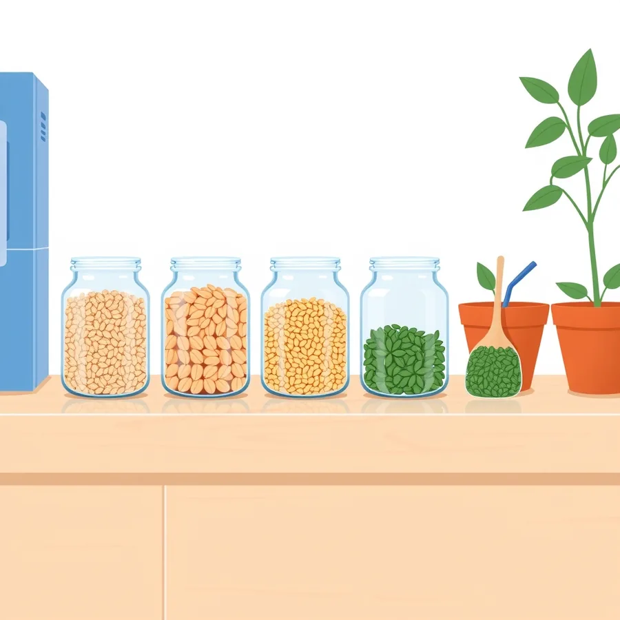 Four clear glass storage jars in a row on a pale wooden kitchen counter, the first three holding cream and orange beans and yellow grains and the fourth holding green leaves, beside a wooden spoon heaped with green leaves, two terracotta pots and a tall leafy plant, with a blue fridge at the left edge