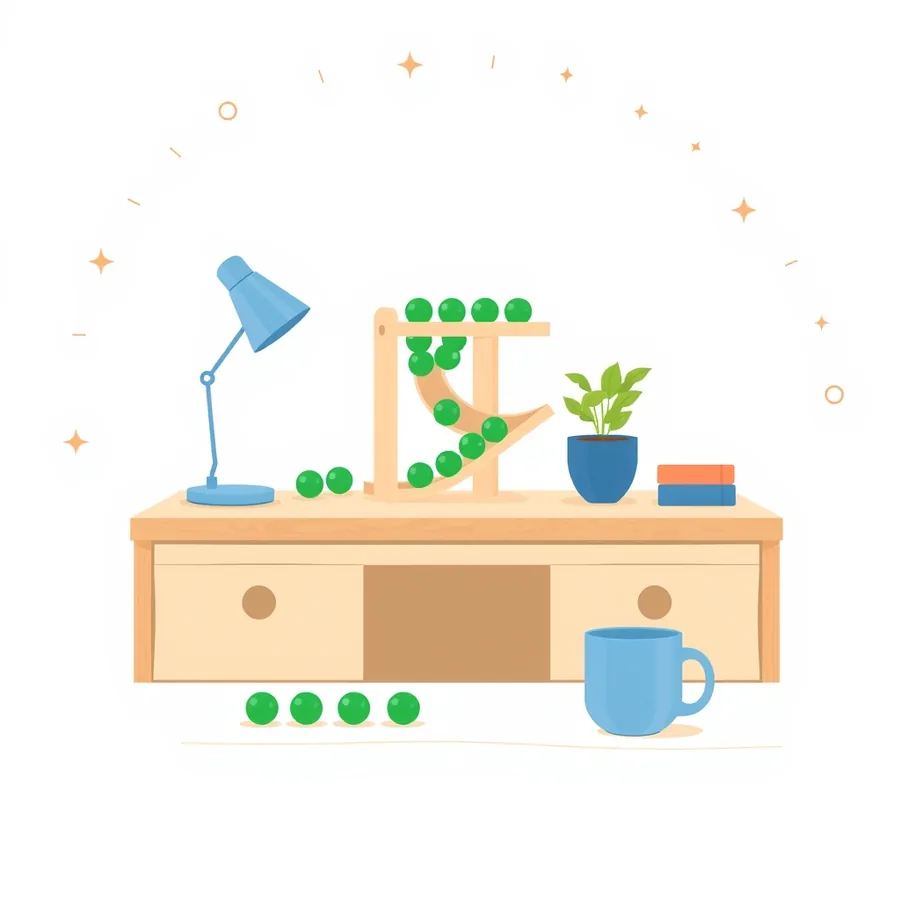 A wooden marble run on a desk with green marbles queued along its top rail and rolling down a curved chute, loose marbles scattered on the desktop and on the floor below, beside a blue desk lamp, a potted plant, two stacked books and a blue mug