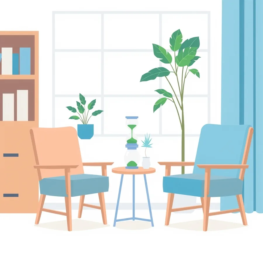 Two wooden-framed armchairs with blue cushions facing each other across a small round table holding an hourglass with green sand and a tiny potted succulent, in a bright room with a window, a tall leafy plant, a bookcase and a blue curtain