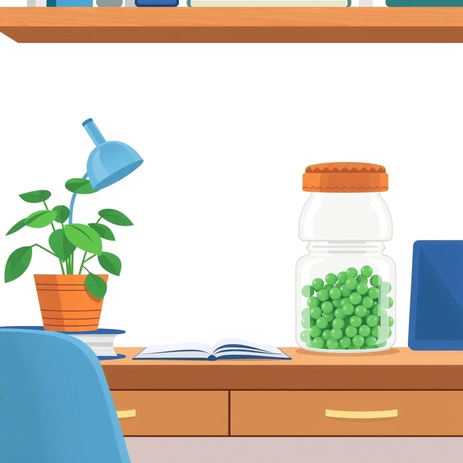 A tall clear glass jar with an orange screw lid standing on a wooden desk, empty through its upper half and filled at the bottom with green beads, beside a blue desk lamp, a green plant in a terracotta pot, an open book with blank pages and the back of a blue chair