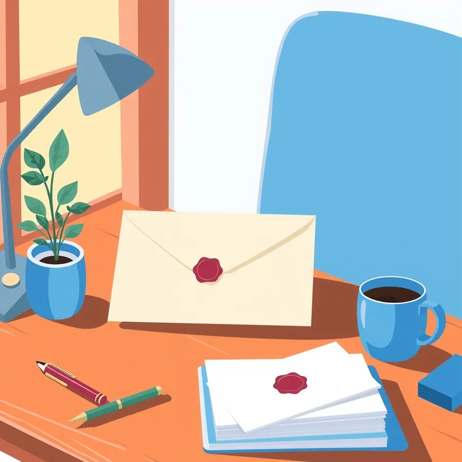 A sealed cream envelope with a dark red wax seal standing on an orange wooden desk beside a stack of blank white cards, two pens, a blue mug of coffee, a blue desk lamp and a small potted plant, with a blue chair behind