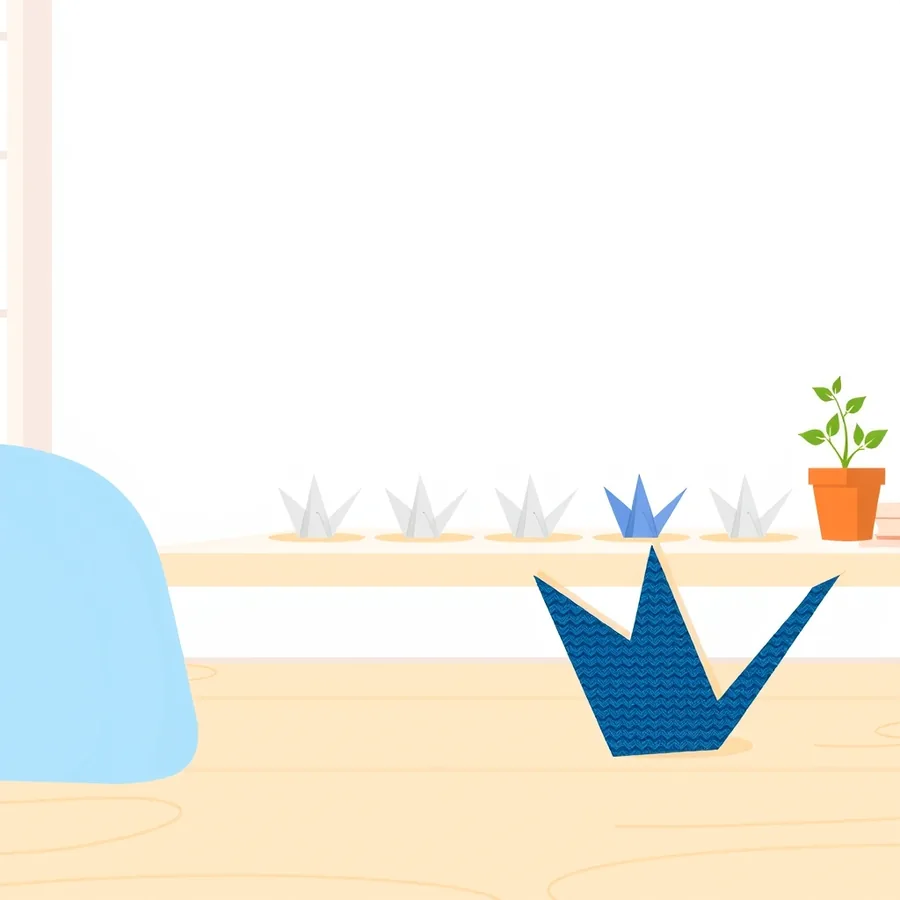 A row of five small identical white folded paper shapes along a pale shelf with one pale blue shape among them, and a much larger dark blue folded paper shape with a textured zigzag pattern standing on the wooden floor in front of the row, beside a green plant in a terracotta pot and the back of a light blue chair