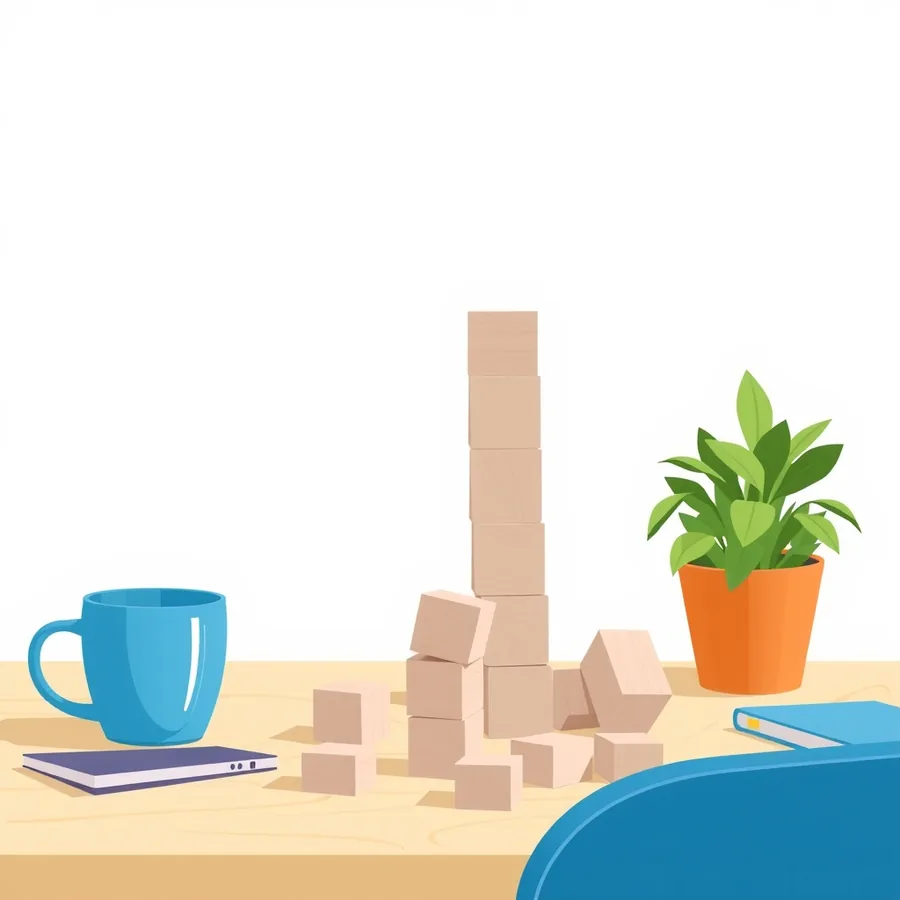 One tall tower of plain wooden blocks still standing on a light wooden desk while the blocks around it lie collapsed and scattered, beside a blue mug, two closed notebooks, a potted plant in an orange pot and the back of a blue chair