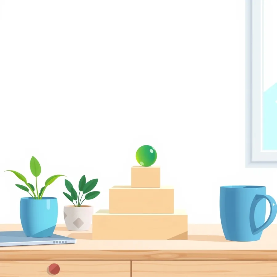 A pyramid of three stacked plain wooden blocks on a light wooden desk with a green glass marble resting on the smallest block at the top, flanked by two potted green plants, the edge of a closed laptop and a blue ceramic mug, with a bright window behind