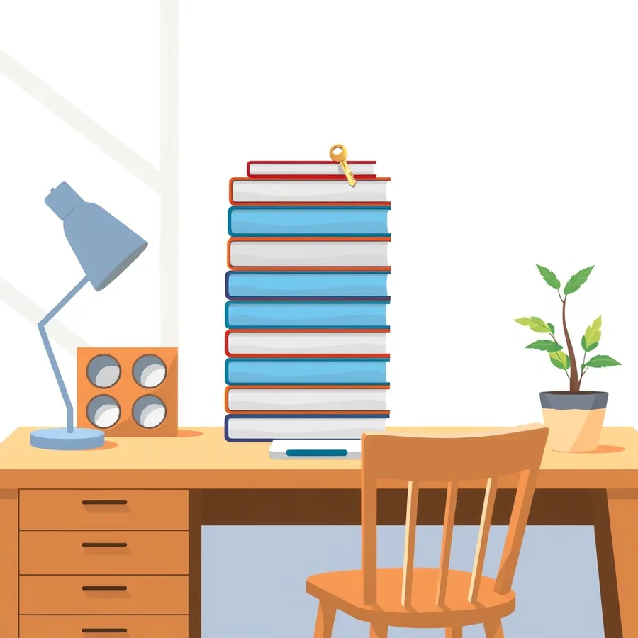 A tall stack of blue and white hardcover books with blank spines on a pale wooden desk, a small gold key resting on top, beside a blue desk lamp, a leafy plant in a pale pot and an empty wooden chair pulled up to the desk