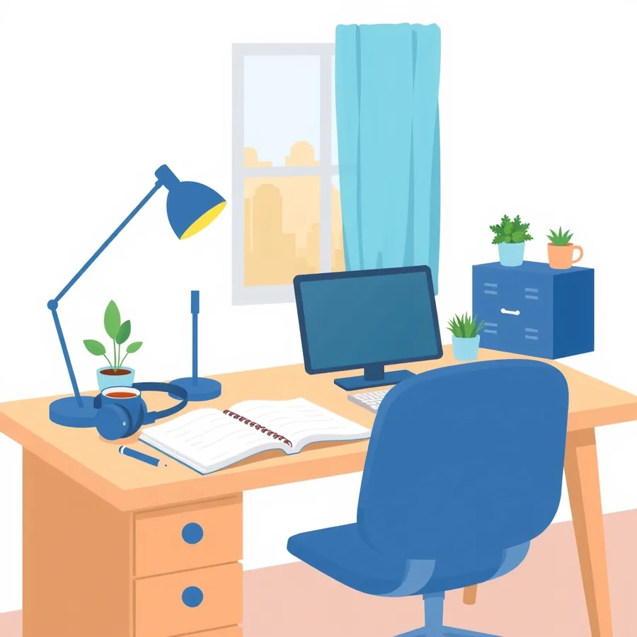 Illustration of a tidy study desk with headphones, a mug and an open notebook beside a blank computer monitor, a blue desk lamp, potted plants and a chair, with a city view through the window
