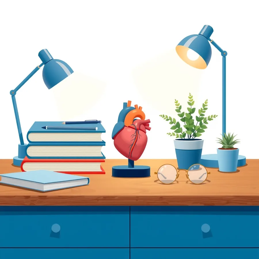 An anatomical model of a human heart on a stand on a wooden desk, beside a stack of blue hardcover books with a pencil on top, a pair of round eyeglasses, two potted plants and two blue desk lamps
