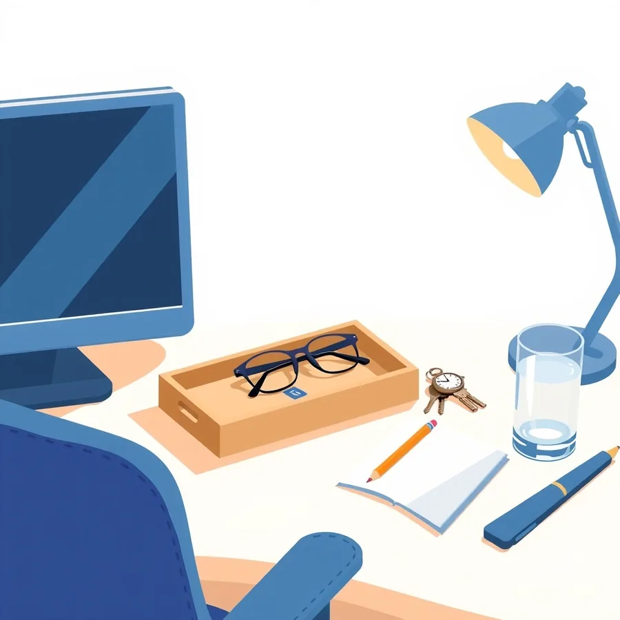 A wooden tray on a desk holding a pair of black-framed eyeglasses, beside a keyring with a round pocket watch, a pencil, an open blank notebook, a glass of water and a desk lamp