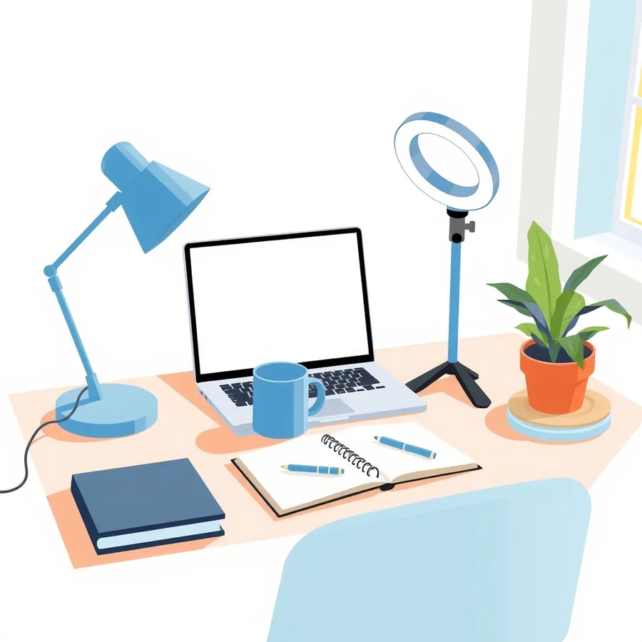 A desk arranged for a video interview with an open laptop showing a blank glowing screen, a small ring light, a ceramic mug, a closed notebook and a potted plant in morning light