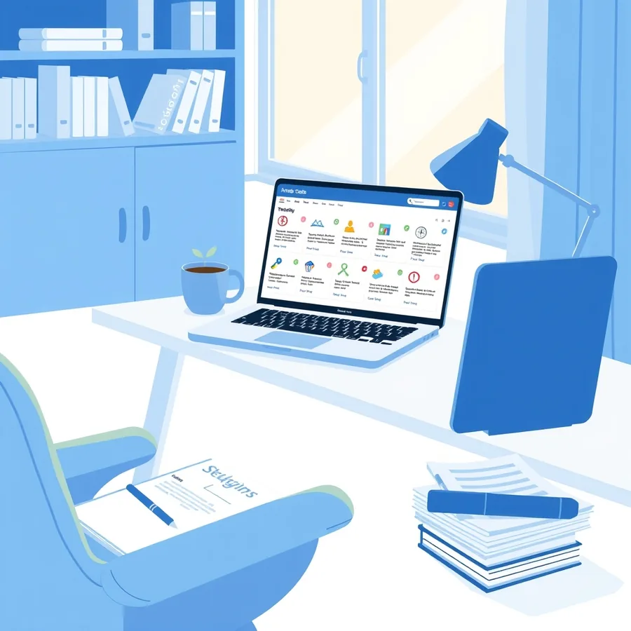 A student's desk with a laptop showing a study dashboard of topic cards marked strong and needs work, beside a stack of lecture handouts