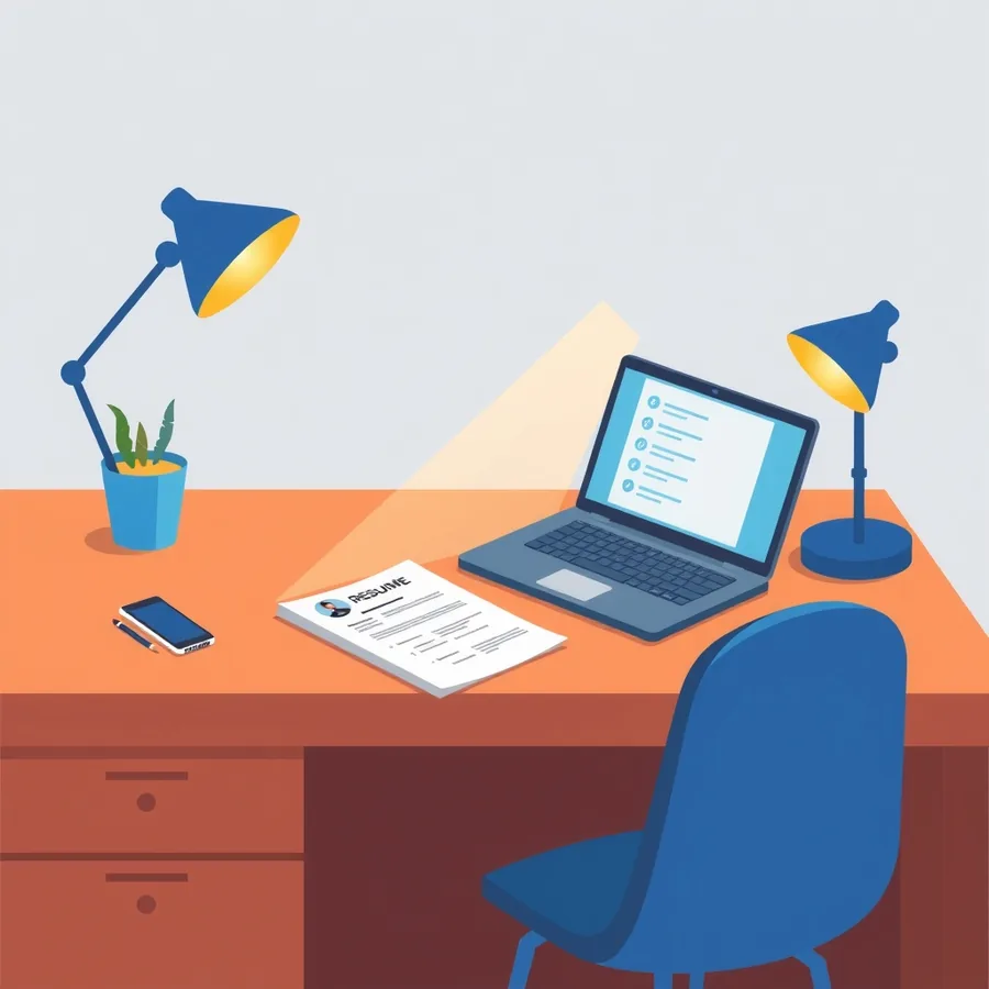 A printed resume on a desk beside a laptop, with highlighted skill words lifting off the page into a ranked candidate list on screen