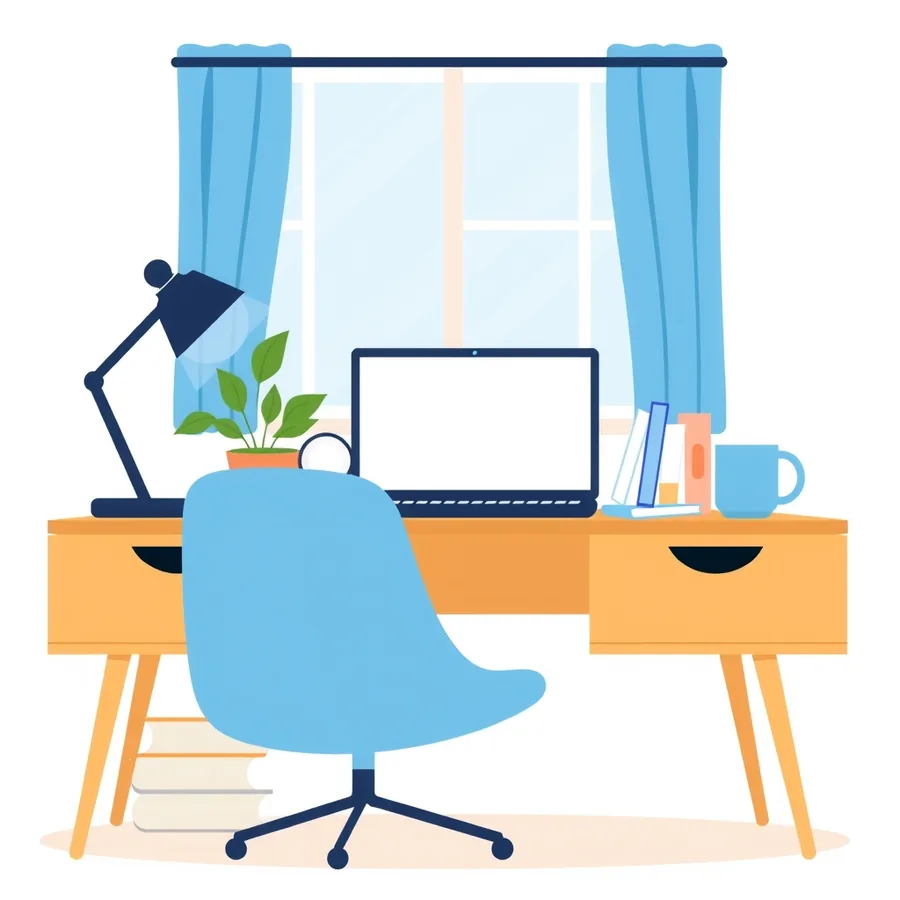 Illustration of a student desk by a curtained window with an open laptop showing a blank screen, a desk lamp, a potted plant, a few books, a mug and a blue office chair