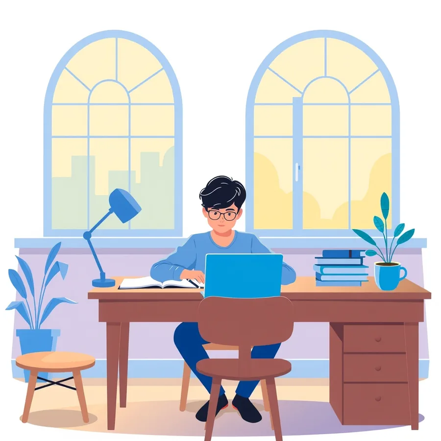 Illustration of a student in glasses working at a wooden desk with an unmarked laptop, an open book, a desk lamp, a stack of books, a mug and potted plants, in front of tall arched windows
